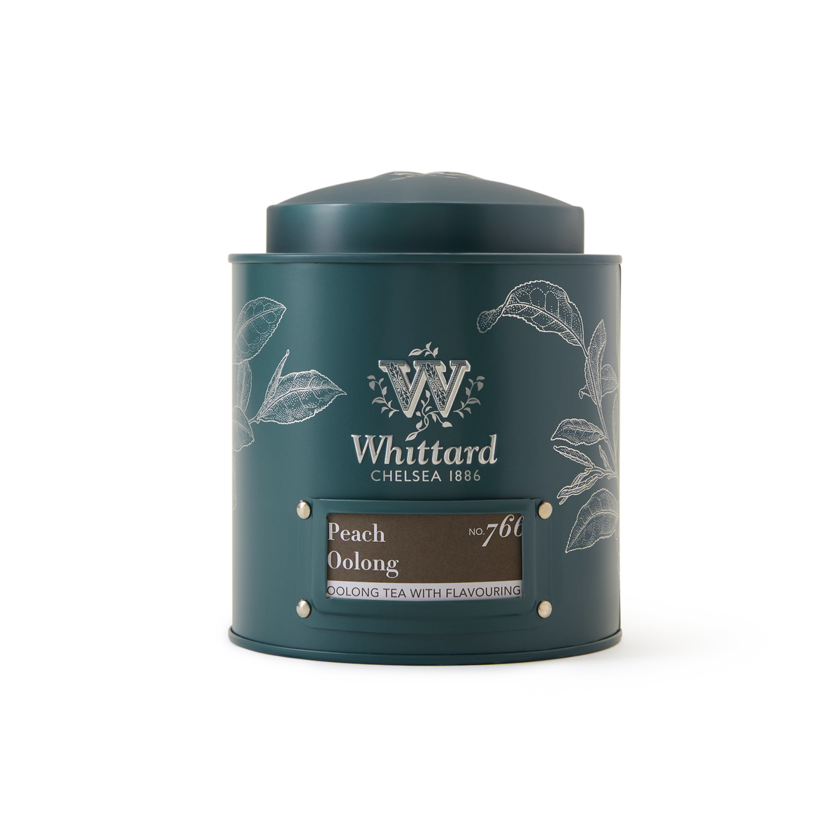 A green cylindrical Whittard tin labeled “Peach Oolong Loose Leaf Tea” features white illustrated tea leaves and signature branding. This fitted-lid tin contains loose leaf Taiwanese oolong tea delicately infused with peach flavor.