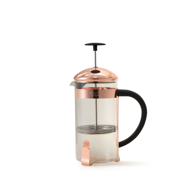 The Whittard Copper 8-Cup Cafetière features a borosilicate glass body, copper-colored lid and frame, black handle, and a metal plunger with a metal mesh filter, shown against a plain white background.