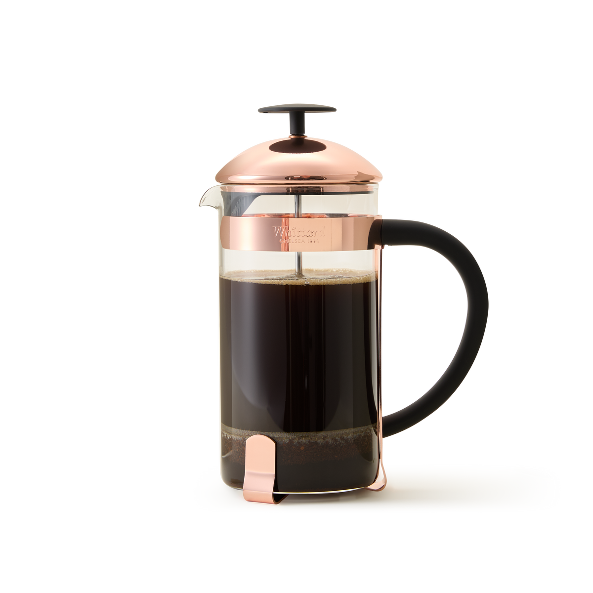 The Whittard Copper 8-Cup Cafetière, featuring a copper lid and handle, is crafted from durable borosilicate glass and includes a fine metal mesh filter; it is filled with coffee and set against a plain white background.