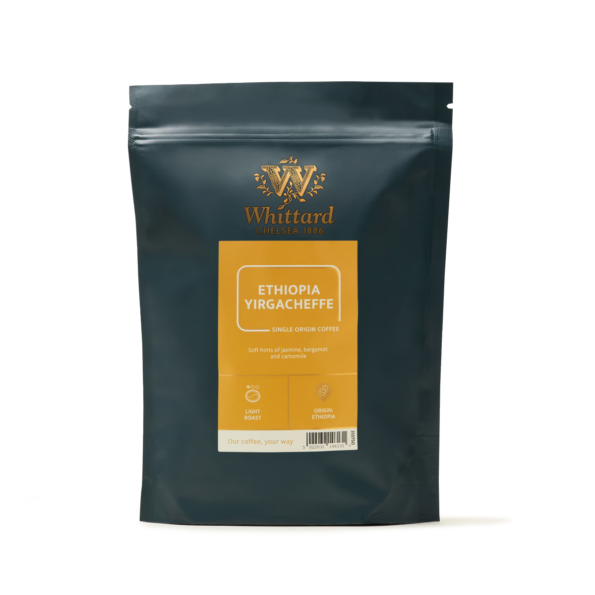 A dark blue bag of Ethiopia Yirgacheffe Coffee with gold and white text, offering tasting notes of jasmine, bergamot, and citrus. This light roast highlights the vibrant flavors typical of wild coffee from the renowned Yirgacheffe region.