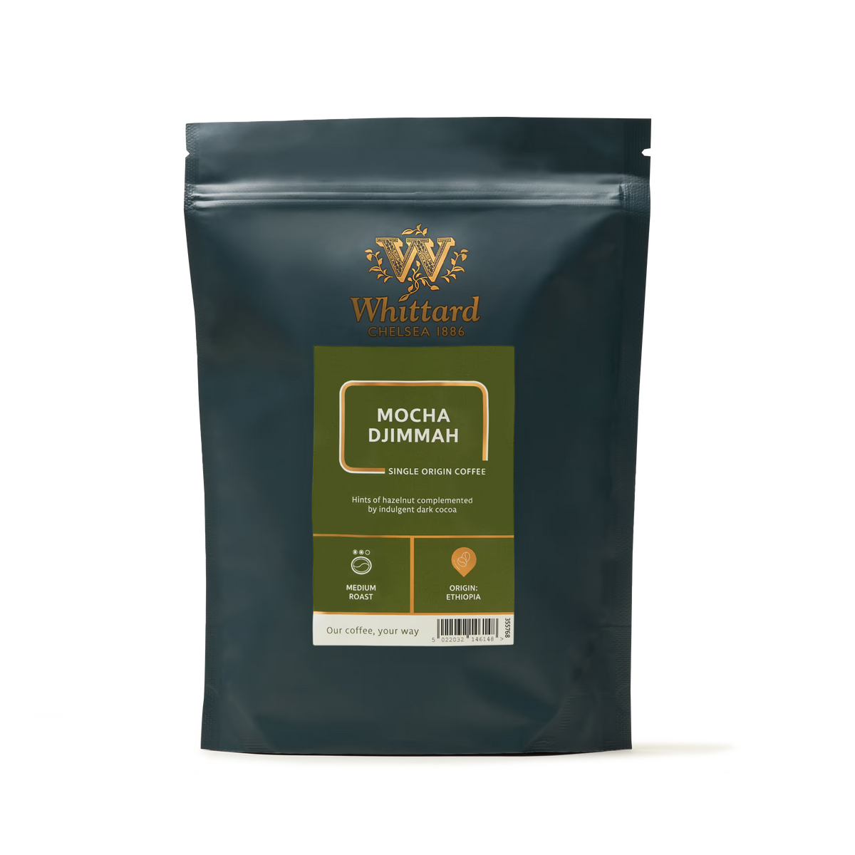 A dark green coffee bag labeled Mocha Djimmah Coffee features gold and white text, showcases medium roast and Ethiopian origin icons, and celebrates the rich tradition of Ethiopian coffee.