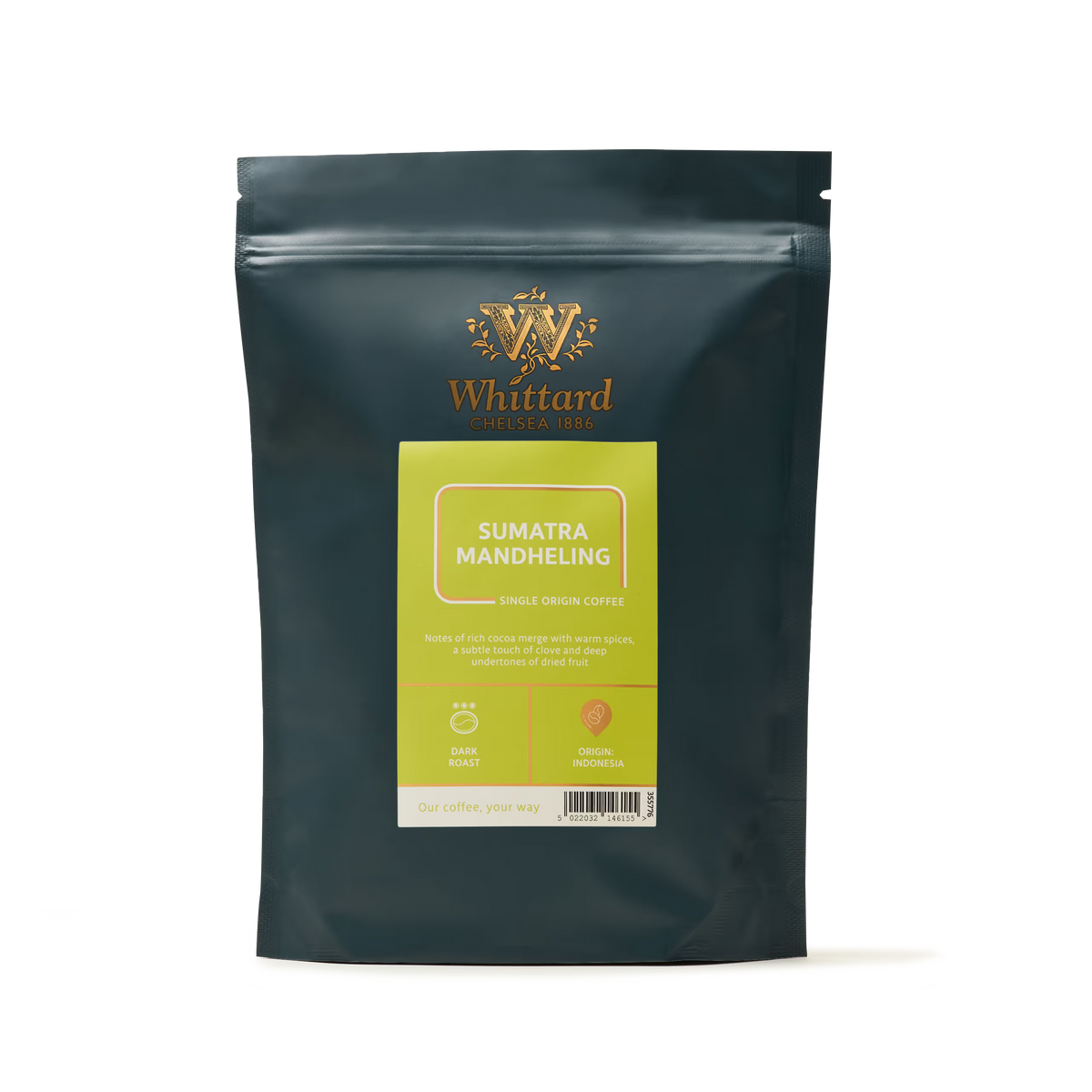 A black bag of Sumatra Mandheling Coffee featuring a green and yellow label with tasting notes and roast strength, highlighting the unique flavors characteristic of wet-hulling Mandheling coffee.