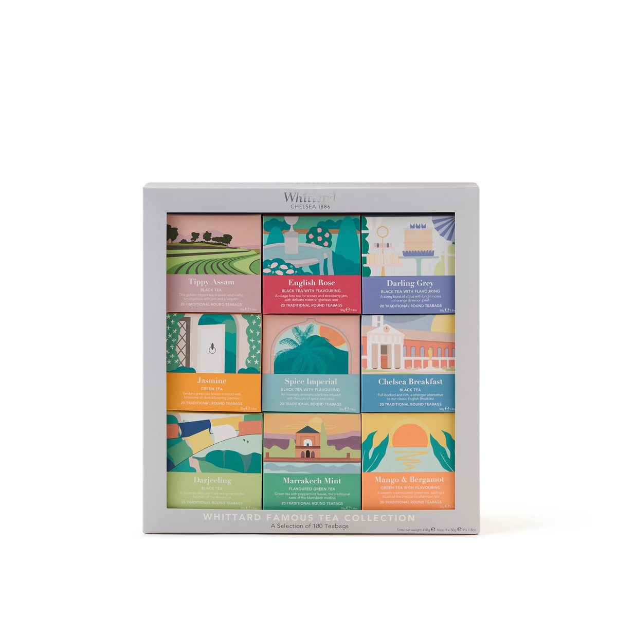 A box of Whittard Famous Tea Collection featuring nine colorful tea packets, each with unique illustrations and labeled flavors like English Rose, Jasmine, Marrakech Mint, and Mango & Bergamot.