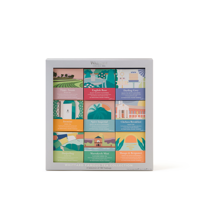 A box of Whittard Famous Tea Collection featuring nine colorful tea packets, each with unique illustrations and labeled flavors like English Rose, Jasmine, Marrakech Mint, and Mango & Bergamot.