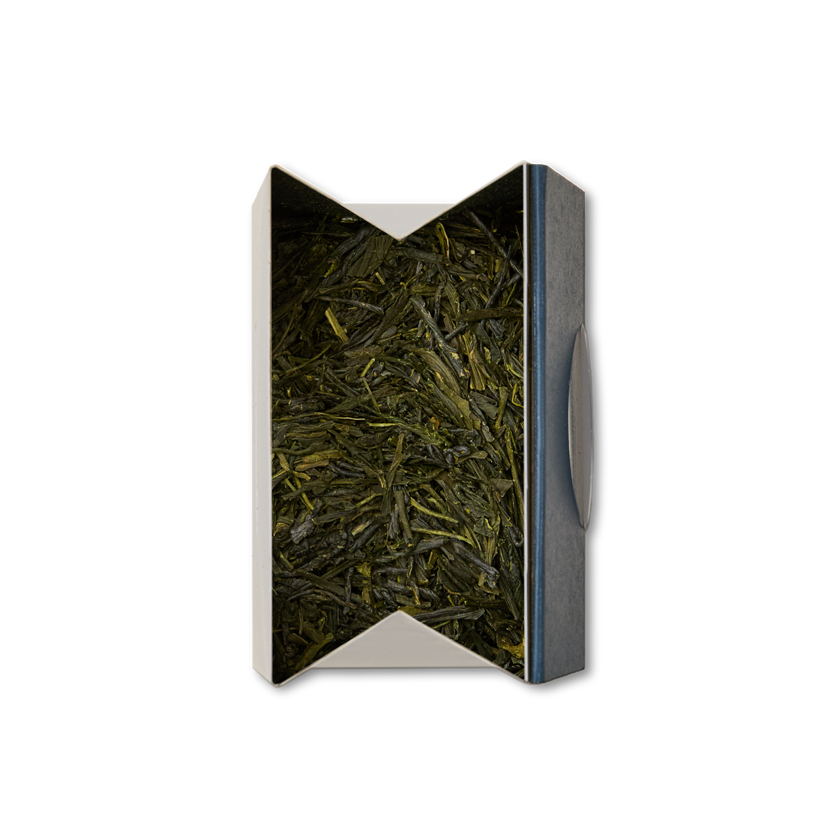 A rectangular box with an open top reveals neatly packed Sencha Asagiri Loose Leaf Tea inside, viewed from above against a plain white background.