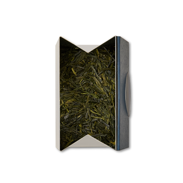 A rectangular box with an open top reveals neatly packed Sencha Asagiri Loose Leaf Tea inside, viewed from above against a plain white background.