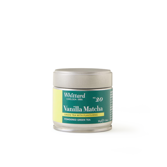 A small tin of Vanilla Matcha with a green and yellow label, set against a white background.