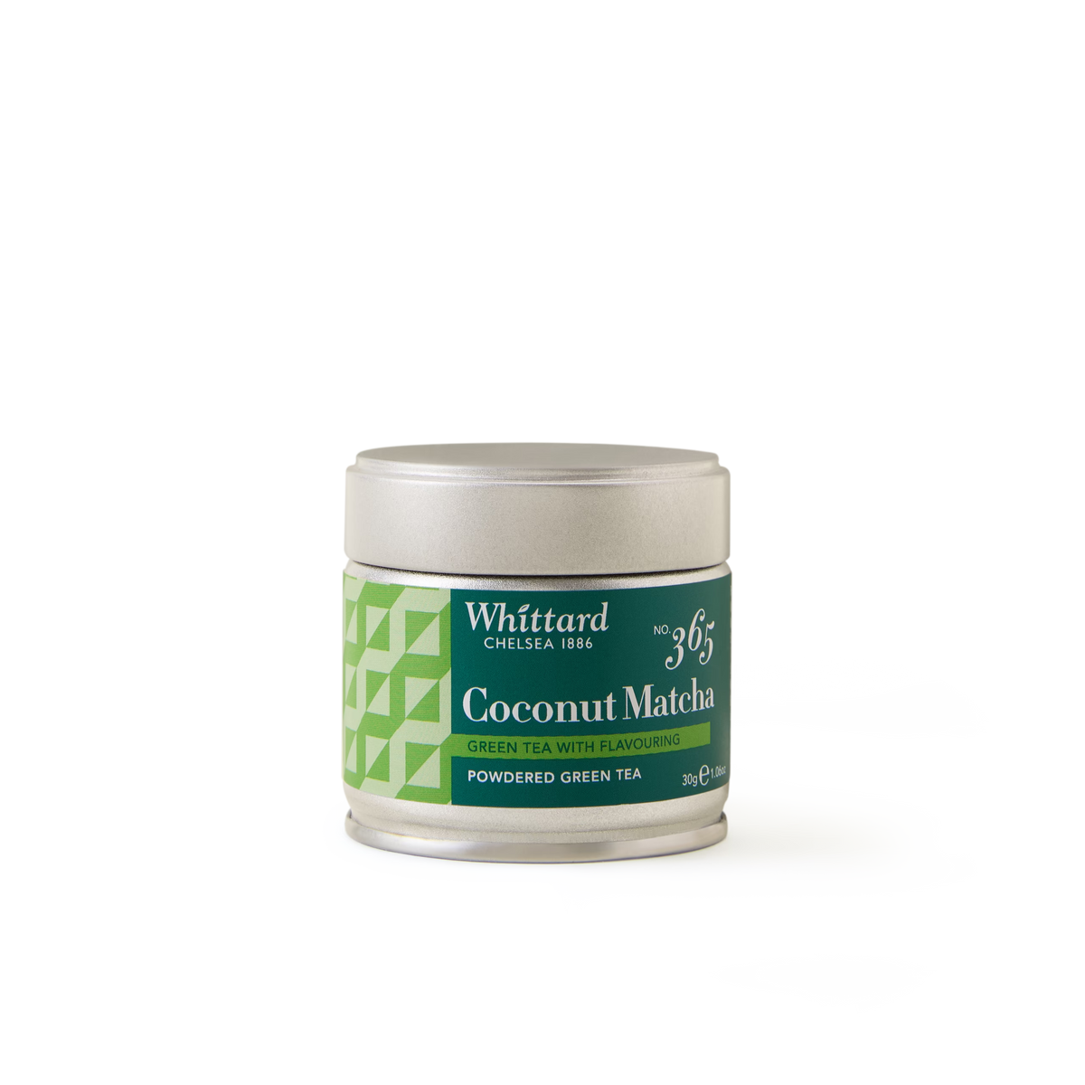 A tin of Whittard Coconut Matcha powdered green tea with a green geometric pattern on the label, set against a plain white background.