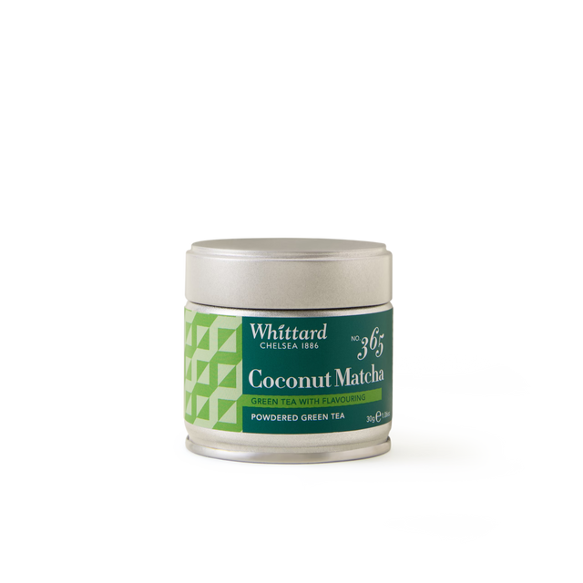 A tin of Whittard Coconut Matcha powdered green tea with a green geometric pattern on the label, set against a plain white background.
