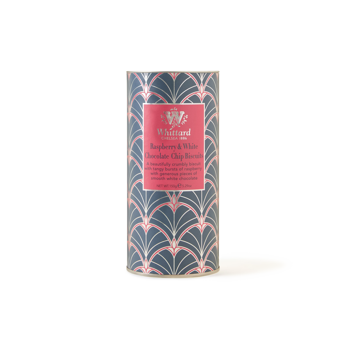 A cylindrical tin of Raspberry & White Chocolate Chip Biscuits, made in the UK, featuring a blue, pink, and white art deco pattern with a pink label on the front. These fruity biscuits combine tangy raspberry with creamy white chocolate for an irresistible treat.