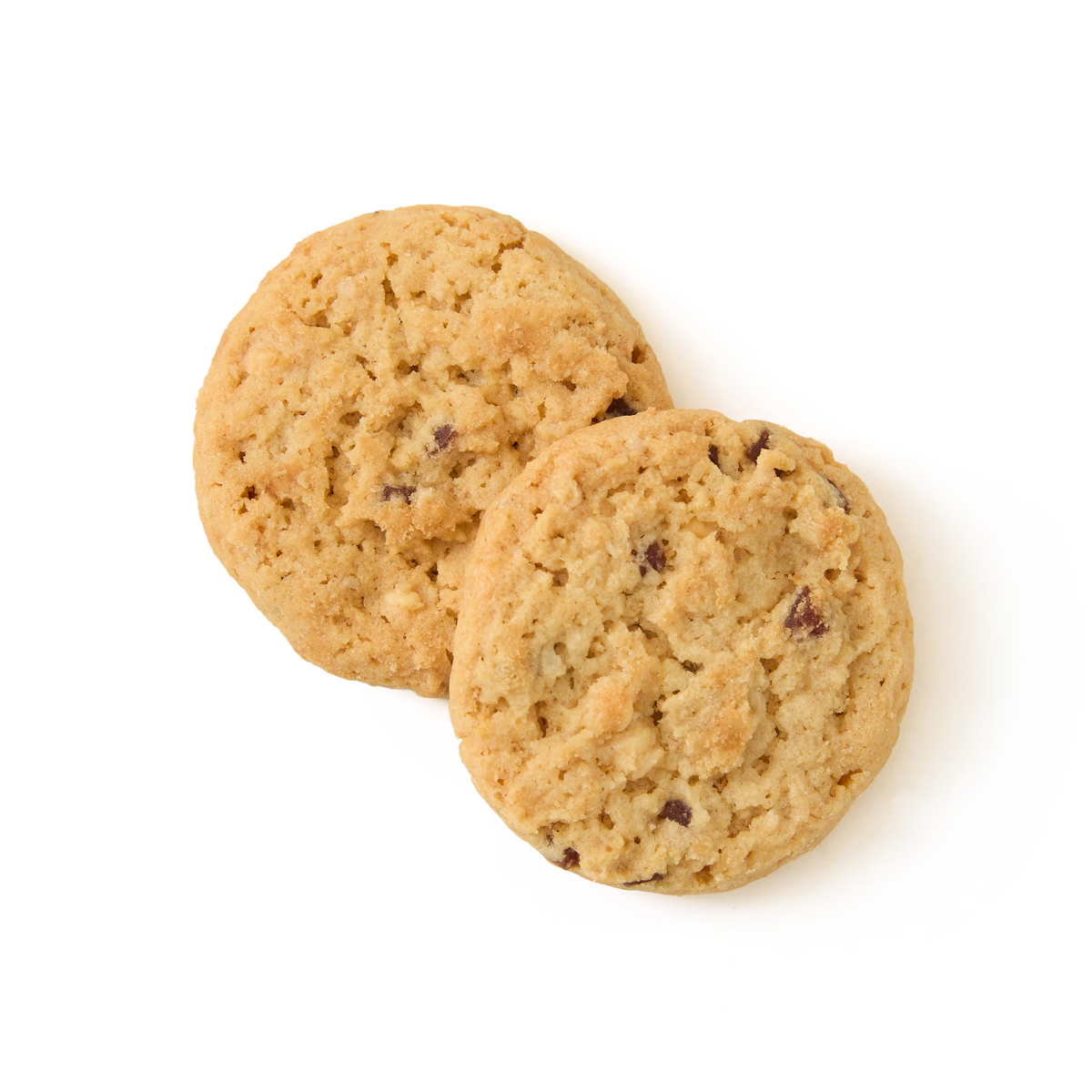 Two round oatmeal cookies with a golden-brown color, placed against a plain white background.