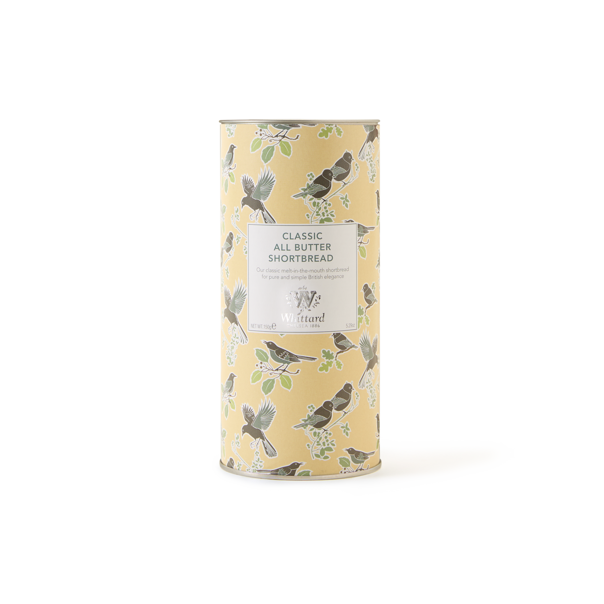 A cylindrical tin of All Butter Shortbread, adorned with illustrations of birds and green leaves on a pale yellow background, celebrates the timeless charm of traditional biscuits in true British shortbread style.