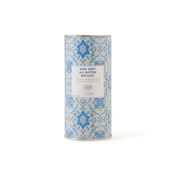 A cylindrical tin featuring an ornate blue and white design and labeled “Earl Grey All Butter Biscuits” contains biscuits made in the UK, delicately infused with tea flavor for a delicious taste, photographed against a plain white background.