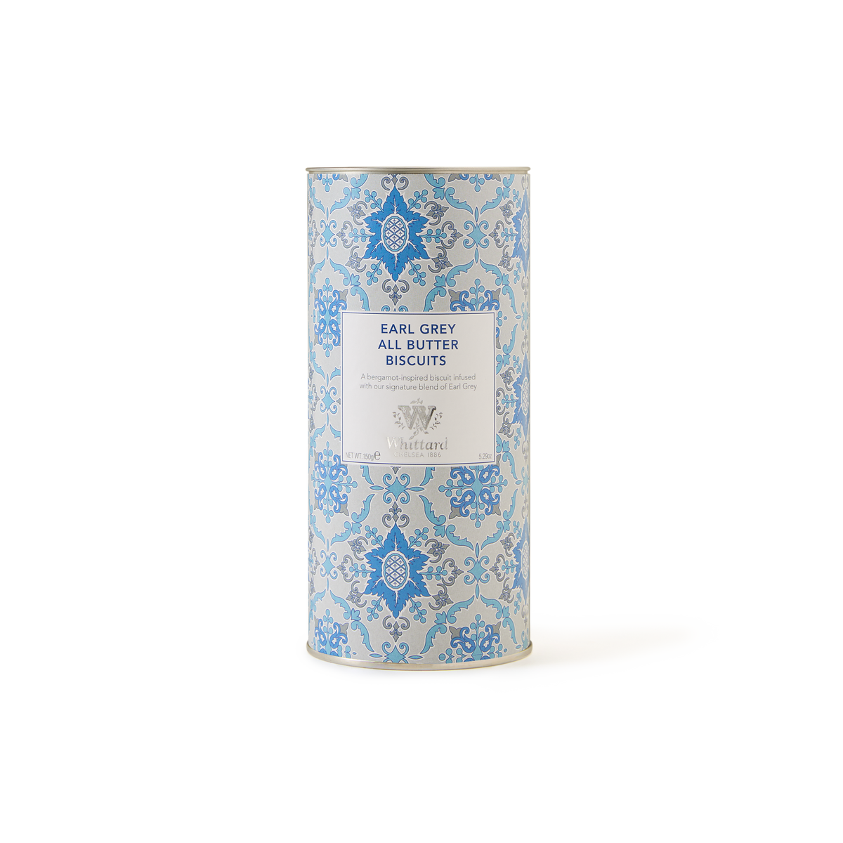 A cylindrical tin featuring an ornate blue and white design and labeled “Earl Grey All Butter Biscuits” contains biscuits made in the UK, delicately infused with tea flavor for a delicious taste, photographed against a plain white background.
