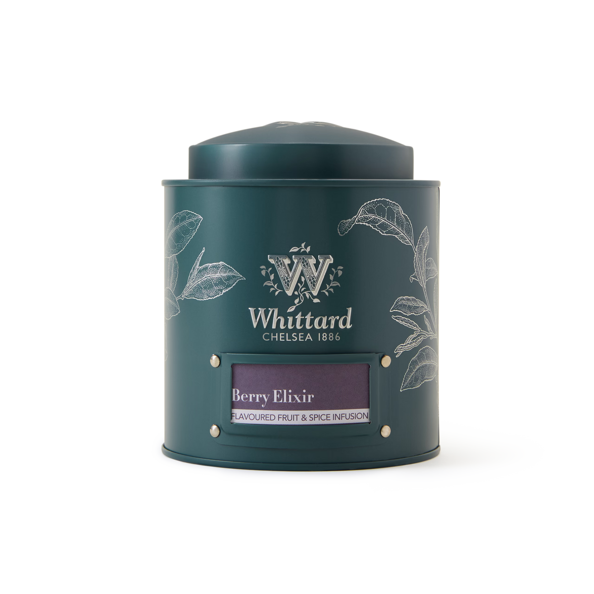 A green tin of Berry Elixir Loose Infusion tea, adorned with white leaf illustrations and a purple label, is displayed against a white background—this elderberry herbal blend is thoughtfully crafted with echinacea root for a vibrant, aromatic experience.