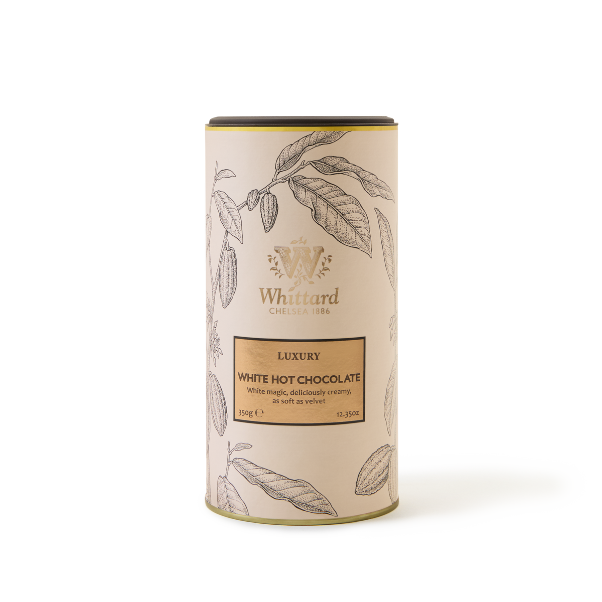 A cylindrical tin of Luxury White Hot Chocolate, featuring botanical illustrations and gold accents on a cream background—ideal for indulging in a creamy hot chocolate or savoring as a smooth white chocolate drink.