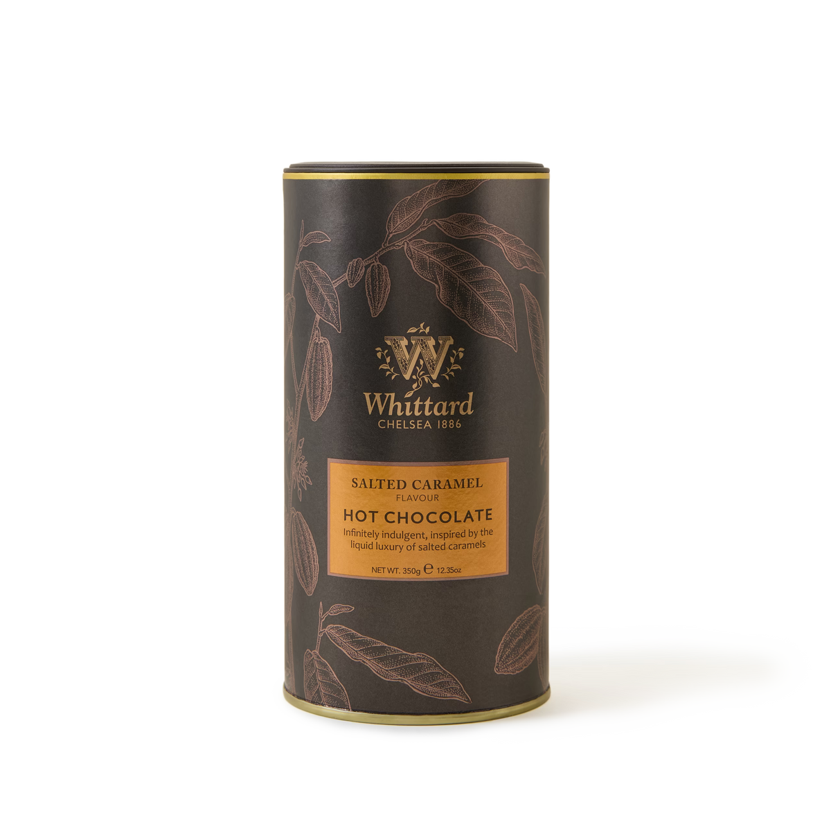 A cylindrical tin of Whittard Salted Caramel Hot Chocolate, with a dark brown design, gold accents, and illustrations of cocoa pods. Label reads Salted Caramel Flavour Hot Chocolate..