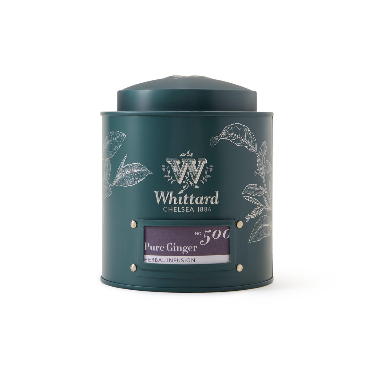 A green Whittard of Chelsea tin labeled “Pure Ginger Loose Infusion,” adorned with white leaf illustrations and a purple panel, is set against a white background—this elegant tin contains a loose infusion made exclusively from pure ginger and dried ginger root.