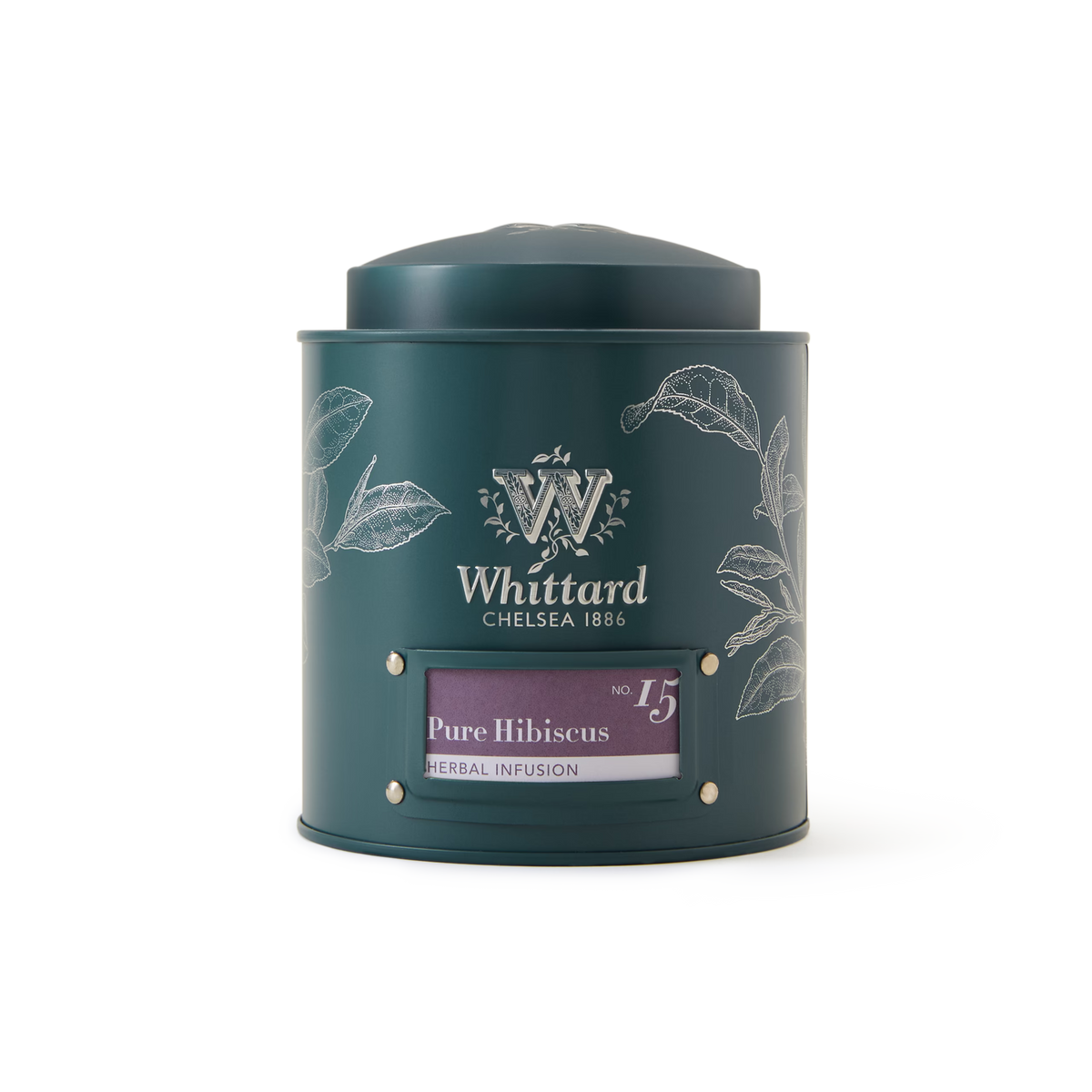 A dark green Whittard of Chelsea tin labeled Pure Hibiscus Loose Infusion, adorned with white botanical illustrations, is displayed against a white background. This tin contains caffeine-free hibiscus tea, making it an ideal choice for anyone seeking a naturally vibrant and refreshing herbal infusion.