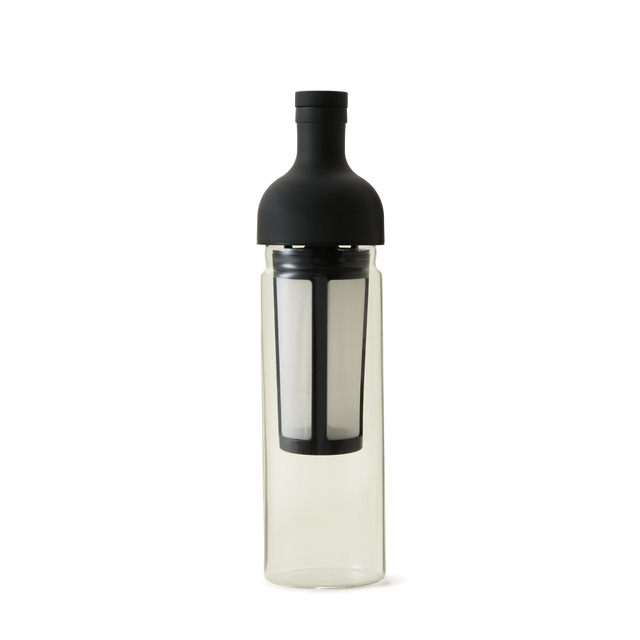 A transparent glass bottle with a black lid and a built-in cylindrical filter inside, designed for making cold brew tea or coffee, shown against a plain white background.