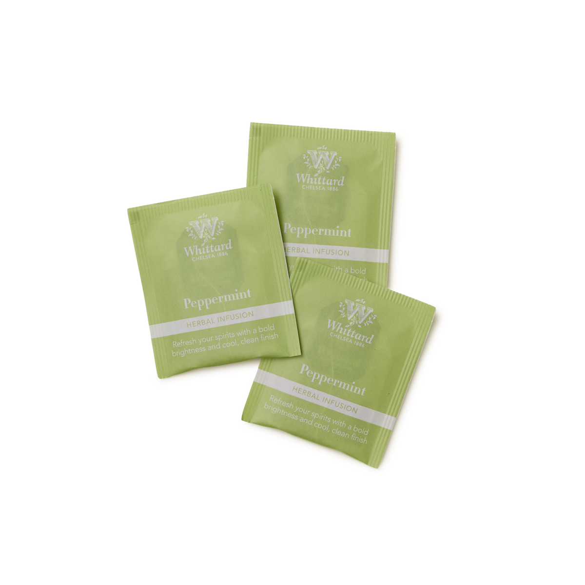 Three green Peppermint Infusion Teabags are arranged on a white background, each displaying the brand name, flavor, and a brief description in white text.