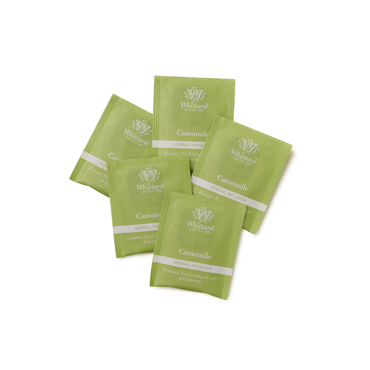 Five green Camomile Infusion Teabags are arranged in a fan shape on a white background.