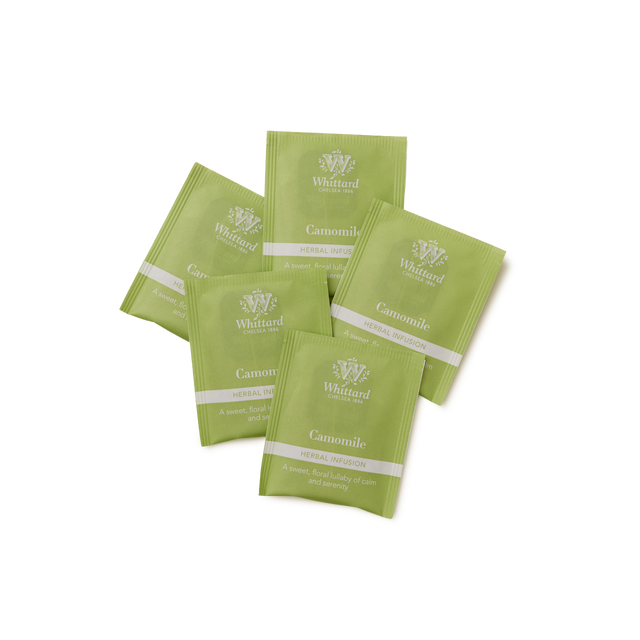 Five green Camomile Infusion Teabags are arranged in a fan shape on a white background.