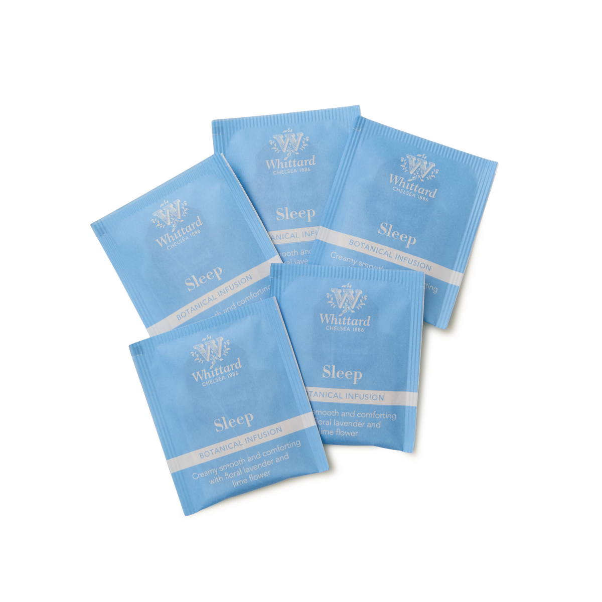 Five blue Sleep Botanical Wellness Infusion Teabags are arranged on a white background, slightly overlapping each other.
