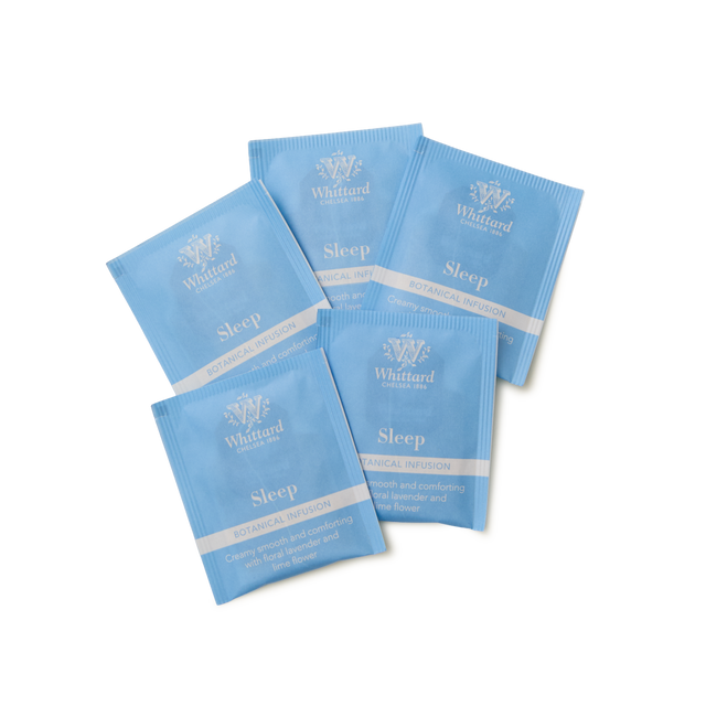 Five blue Sleep Botanical Wellness Infusion Teabags are arranged on a white background, slightly overlapping each other.