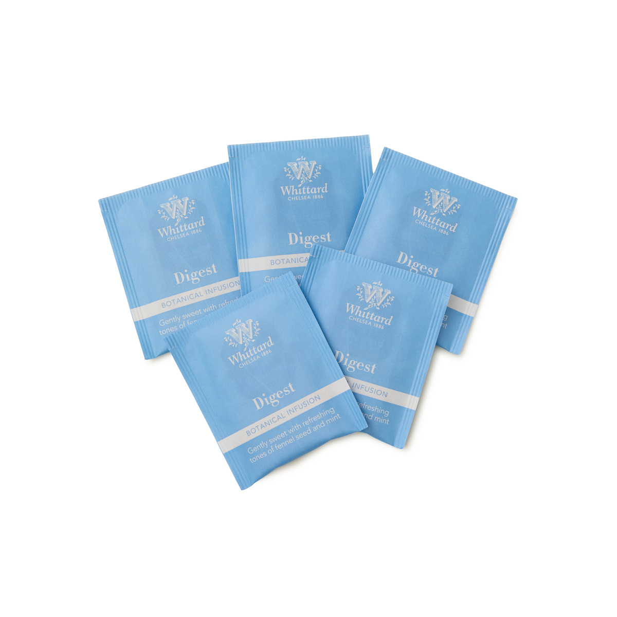 Five blue Whittard Digest botanical infusion tea sachets are arranged in a fan shape on a white background.