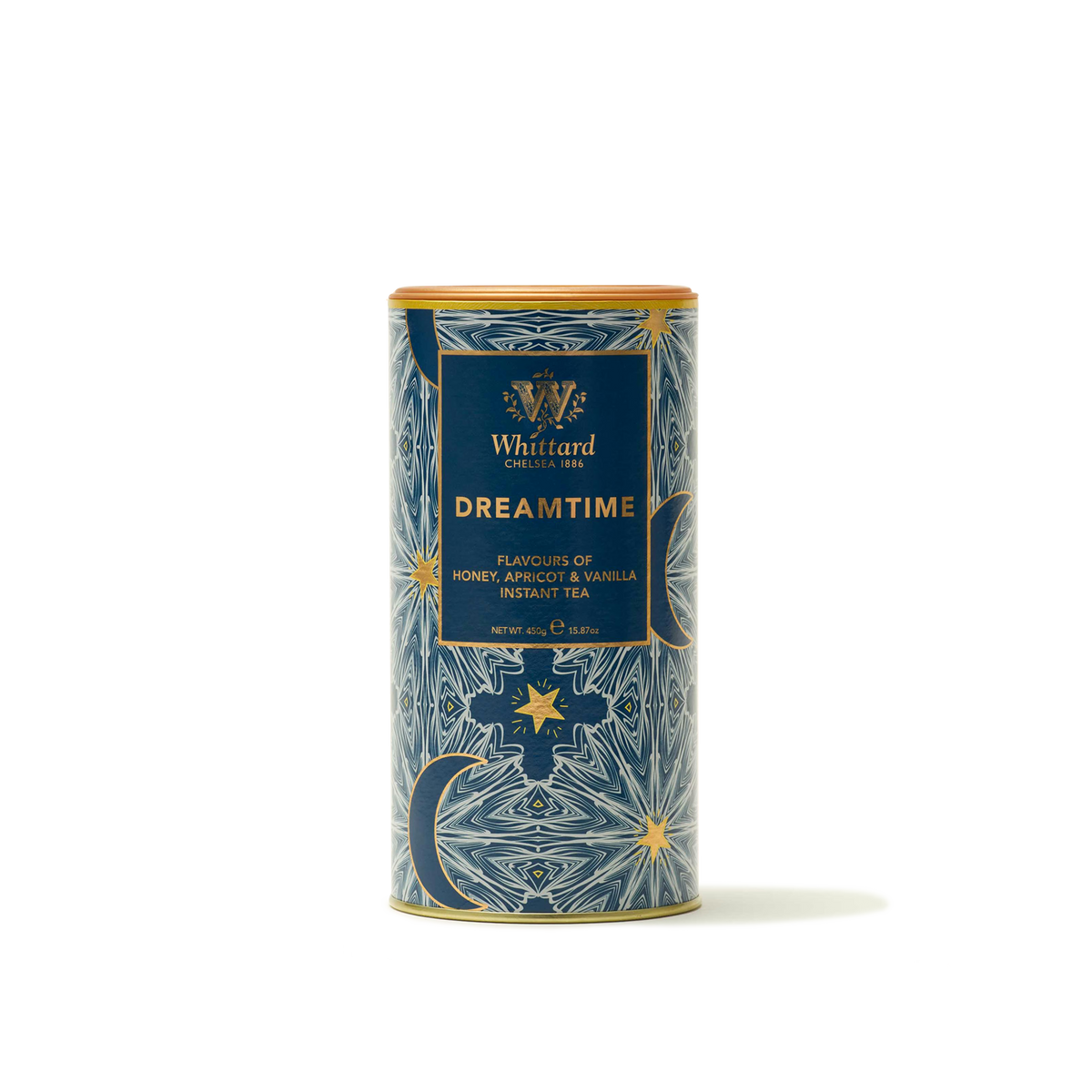 A cylindrical tin of Dreamtime Flavour Instant Tea featuring a blue, gold, and white celestial pattern of moons and stars, labeled with the flavor of sweet apricot.