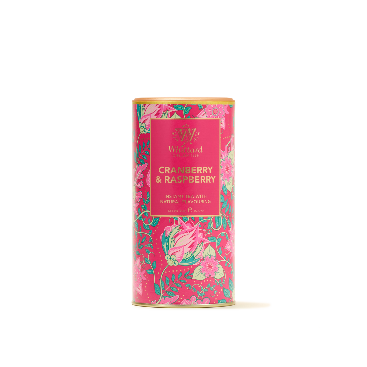 A cylindrical tin of Cranberry & Raspberry Flavour Instant Tea, featuring a natural fruit flavoring, is adorned with a bright pink floral design and topped with a gold lid—ideal for anyone craving a refreshing beverage. This instant tea offers a delicious cranberry and raspberry fruit flavour to brighten any moment.