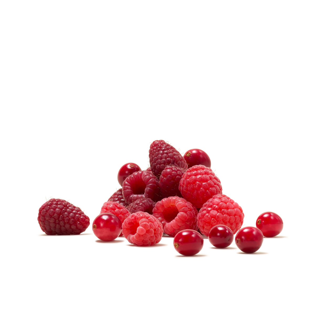 A small pile of fresh raspberries and cranberries arranged on a white surface with a clean, white background, capturing the vibrant taste featured in Cranberry & Raspberry Flavour Instant Tea—perfect inspiration for your next refreshing beverage.