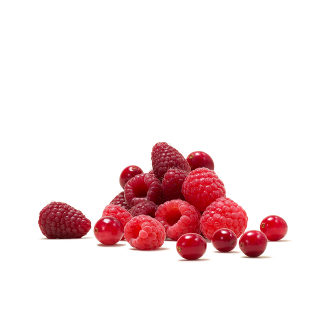 A small pile of fresh raspberries and cranberries arranged on a white surface with a clean, white background, capturing the vibrant taste featured in Cranberry & Raspberry Flavour Instant Tea—perfect inspiration for your next refreshing beverage.