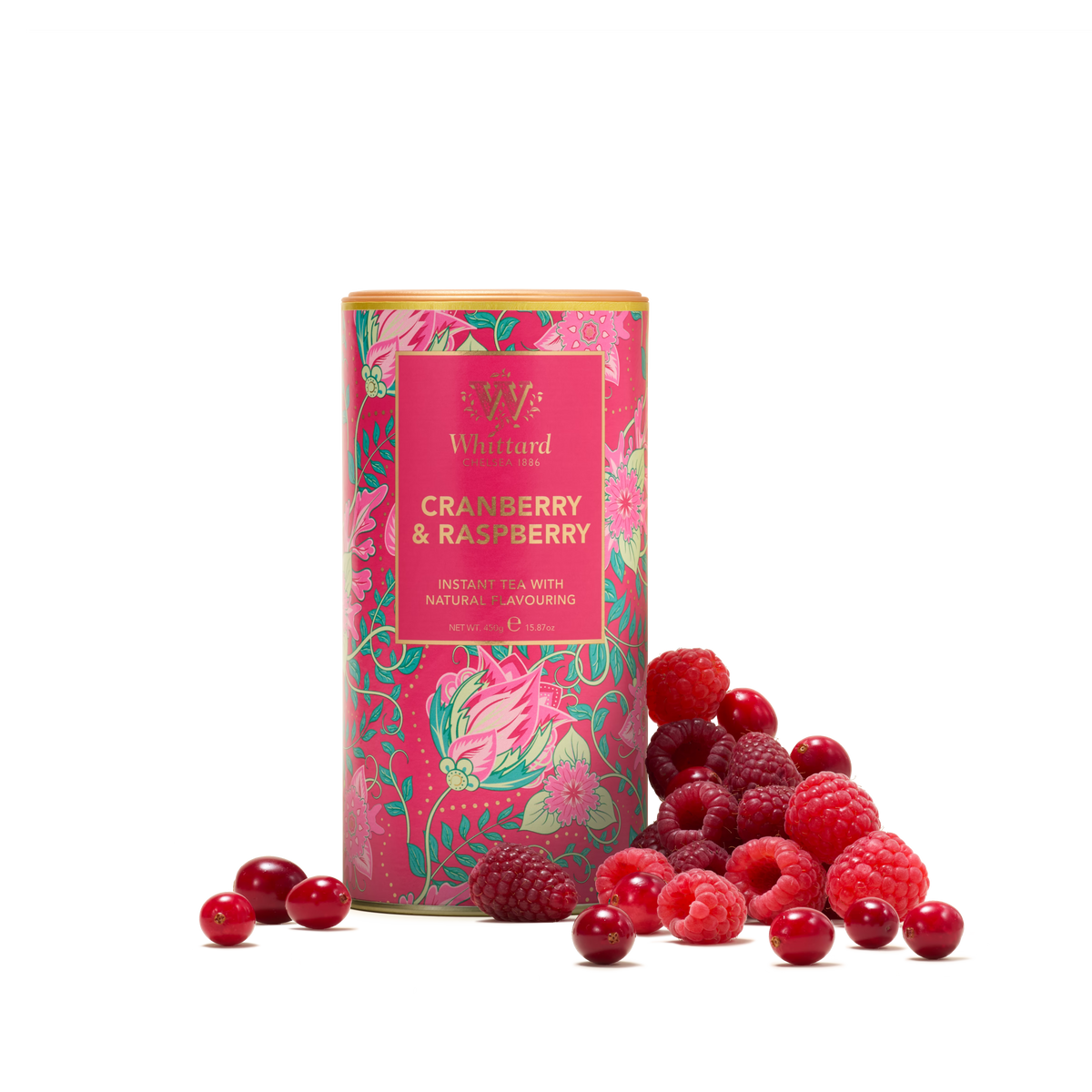 A vibrantly decorated tin of Cranberry & Raspberry Flavour Instant Tea, adorned with floral patterns, is displayed on a white background alongside fresh cranberries and raspberries—making it an ideal refreshing beverage for fruit flavour enthusiasts.