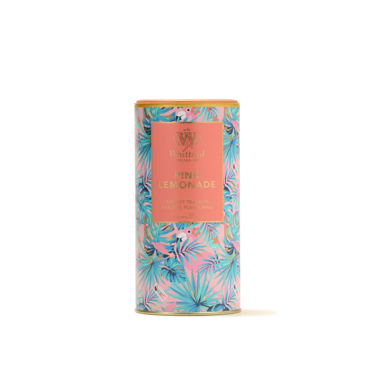 A colorful cylindrical tin adorned with a pink and blue tropical leaf pattern, labeled Pink Lemonade Flavour Instant Tea, this vibrant container evokes the essence of a refreshing summer beverage and is perfect for adding a lively touch to your drink collection.