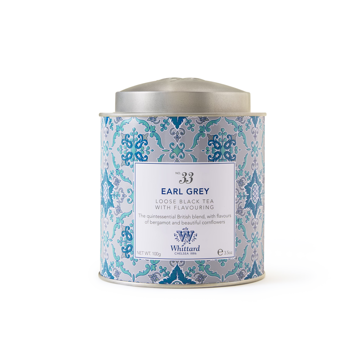 A decorative Tea Discoveries Earl Grey Caddy, featuring Whittard’s signature blue patterned tin with a silver lid set against a white background. The label highlights the infusion of fragrant bergamot with fine Ceylon black tea and essential tea flavoring, along with information on contents.