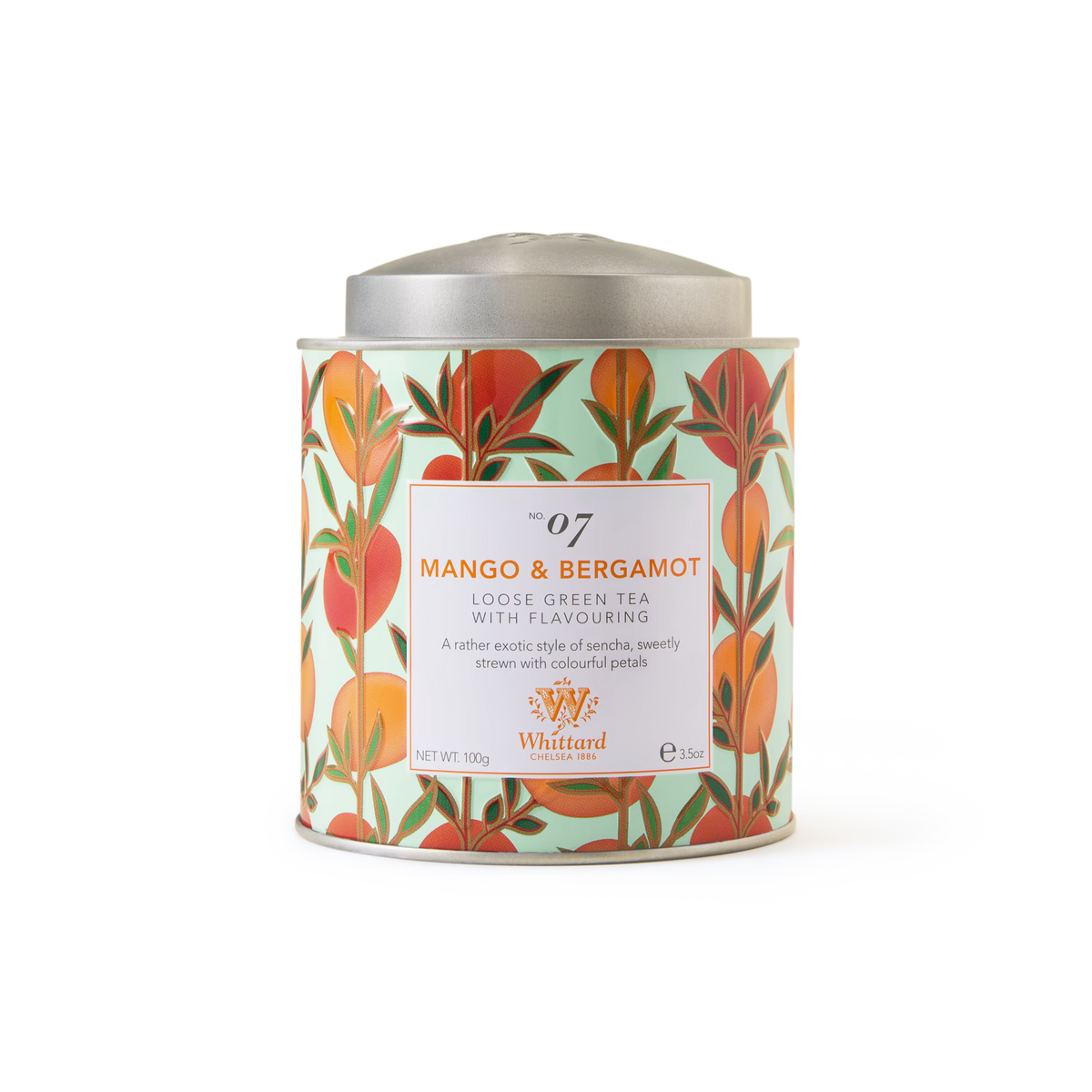 Here is a rewritten sentence using the provided product data: A decorative Tea Discoveries Mango & Bergamot Tea Caddy containing Whittard loose Sencha green tea, adorned with an orange and green floral and leaf design, and featuring a silver lid with a product label on the front.