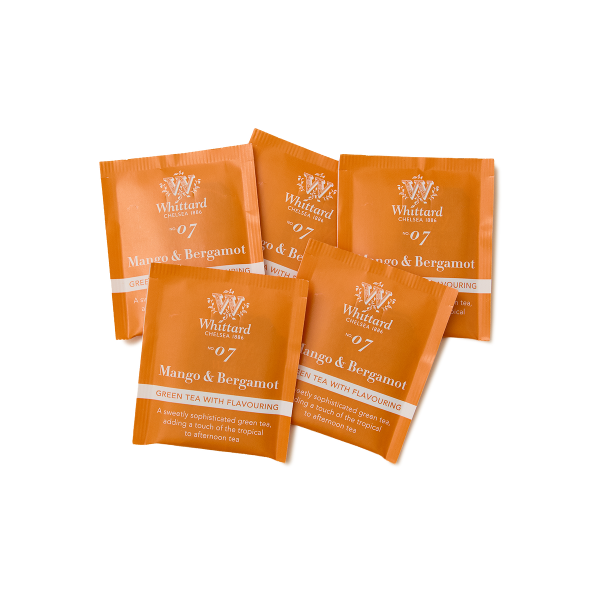 Five orange Tea Discoveries Mango & Bergamot Teabags, infused with the vibrant flavors of mango and bergamot, arranged in a fan shape on a white background.