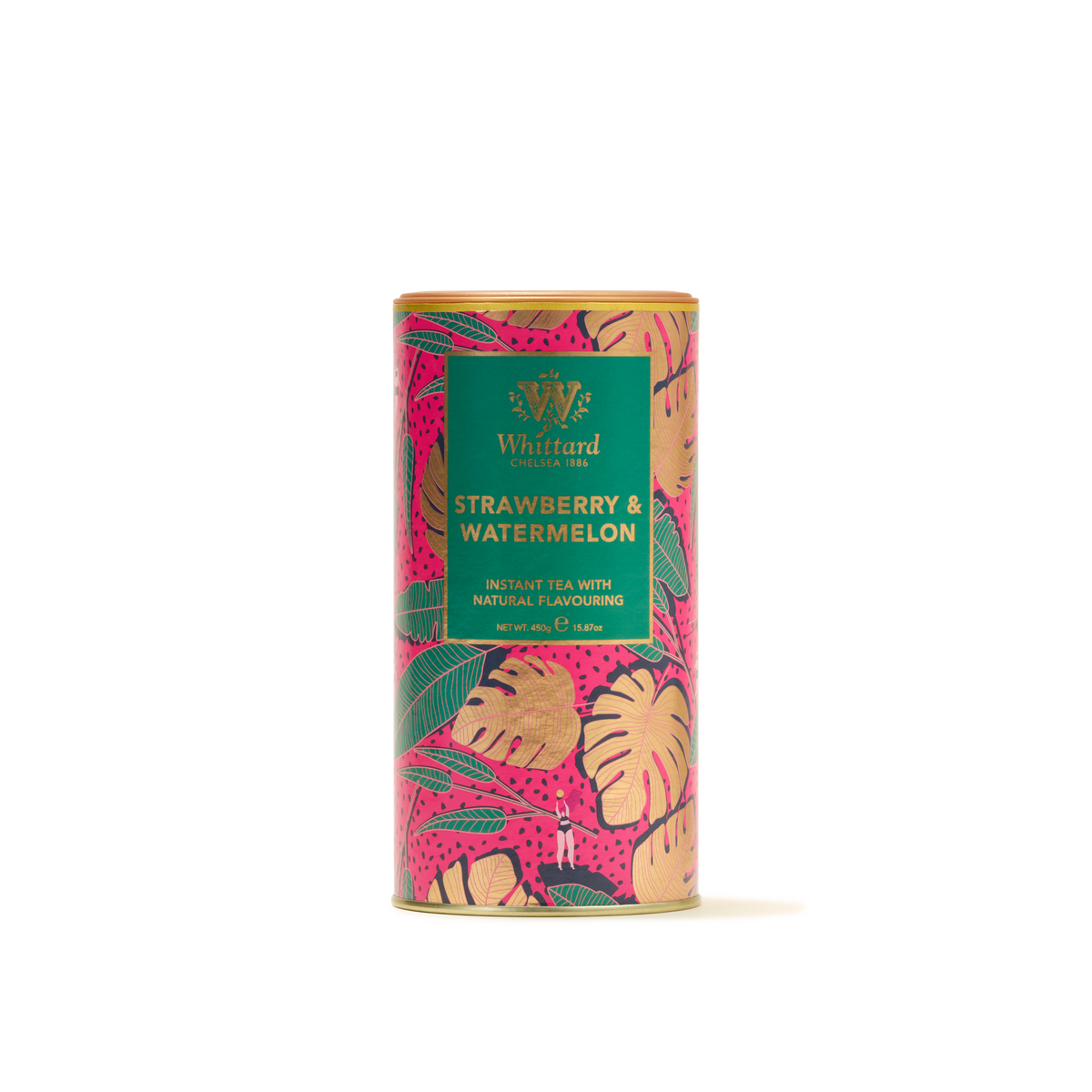 A cylindrical tin of Strawberry and Watermelon Flavour Instant Tea, adorned with vibrant illustrations of strawberries and tropical leaves on a pink background—ideal for making a refreshing fruity drink or beverage with every scoop.
