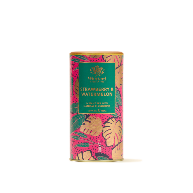 A cylindrical tin of Strawberry and Watermelon Flavour Instant Tea, adorned with vibrant illustrations of strawberries and tropical leaves on a pink background—ideal for making a refreshing fruity drink or beverage with every scoop.