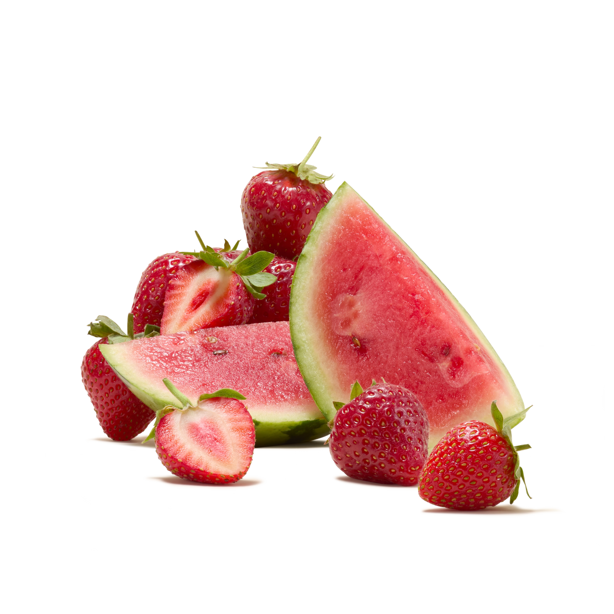 Slices of watermelon and several whole and halved strawberries are arranged together on a white background, perfectly evoking the refreshing flavour found in Strawberry and Watermelon Flavour Instant Tea.