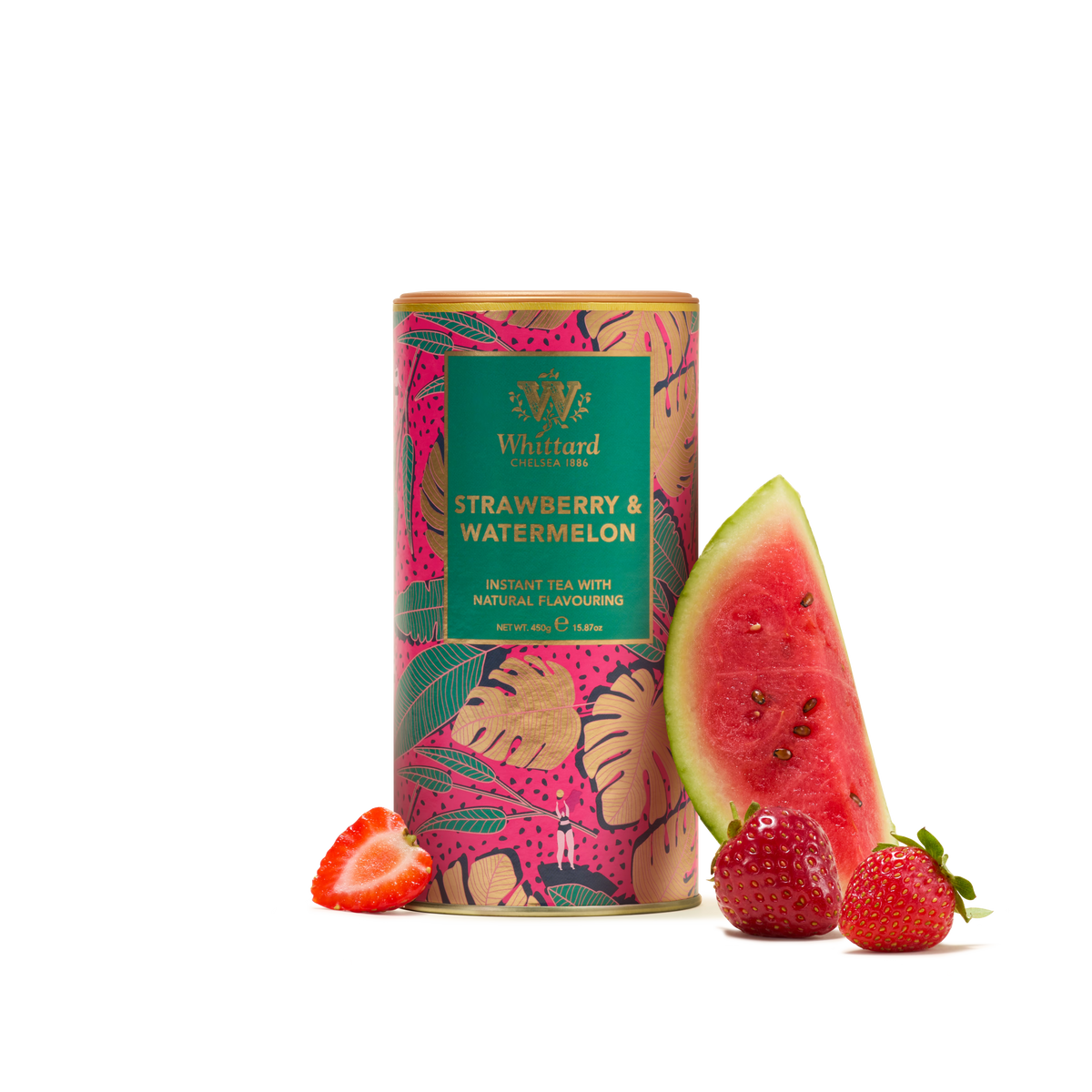 A vibrant tin of Strawberry and Watermelon Flavour Instant Tea is displayed alongside a slice of watermelon, a halved strawberry, and a whole strawberry on a white background.