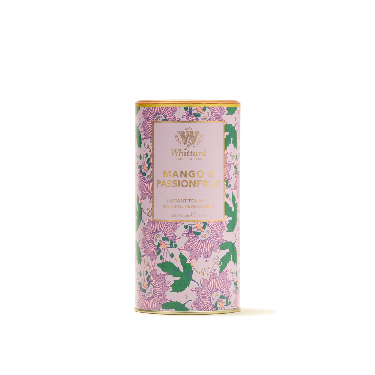 A cylindrical tin of Mango & Passionfruit Flavour Instant Tea, adorned with a vibrant floral label in shades of pink, green, and gold, set against a plain white background. This tropical blend offers an irresistible combination of mango and passionfruit flavours for a refreshing tea experience.