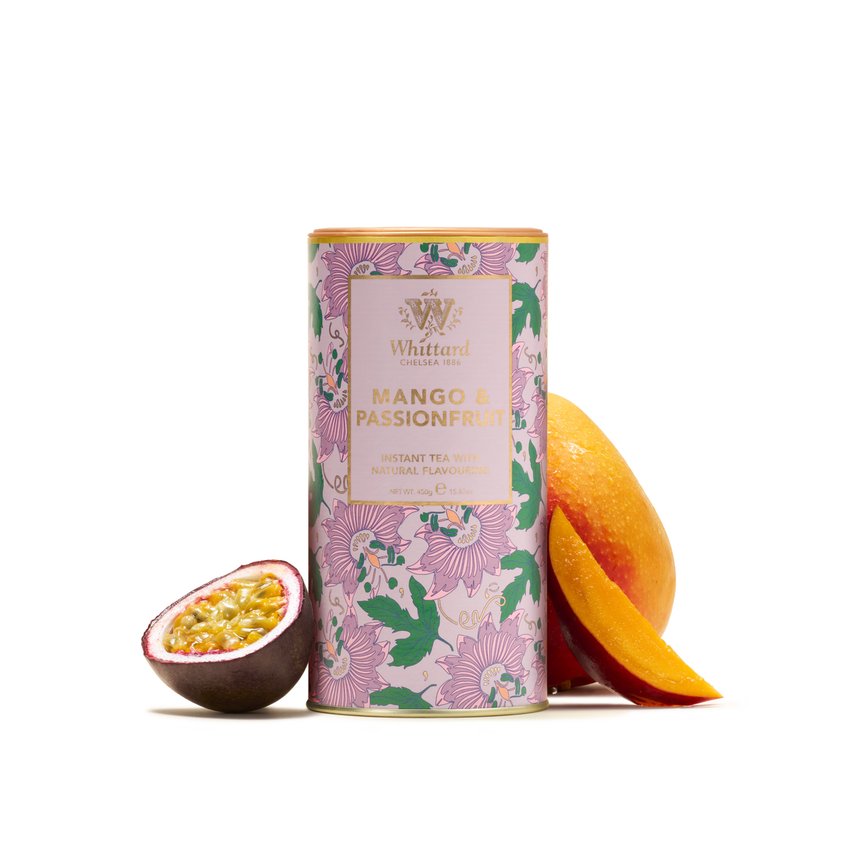 A canister of Mango & Passionfruit Flavour Instant Tea is displayed next to a sliced mango and a halved passionfruit on a white background, showcasing the vivid fruit combination in this tropical tea blend.
