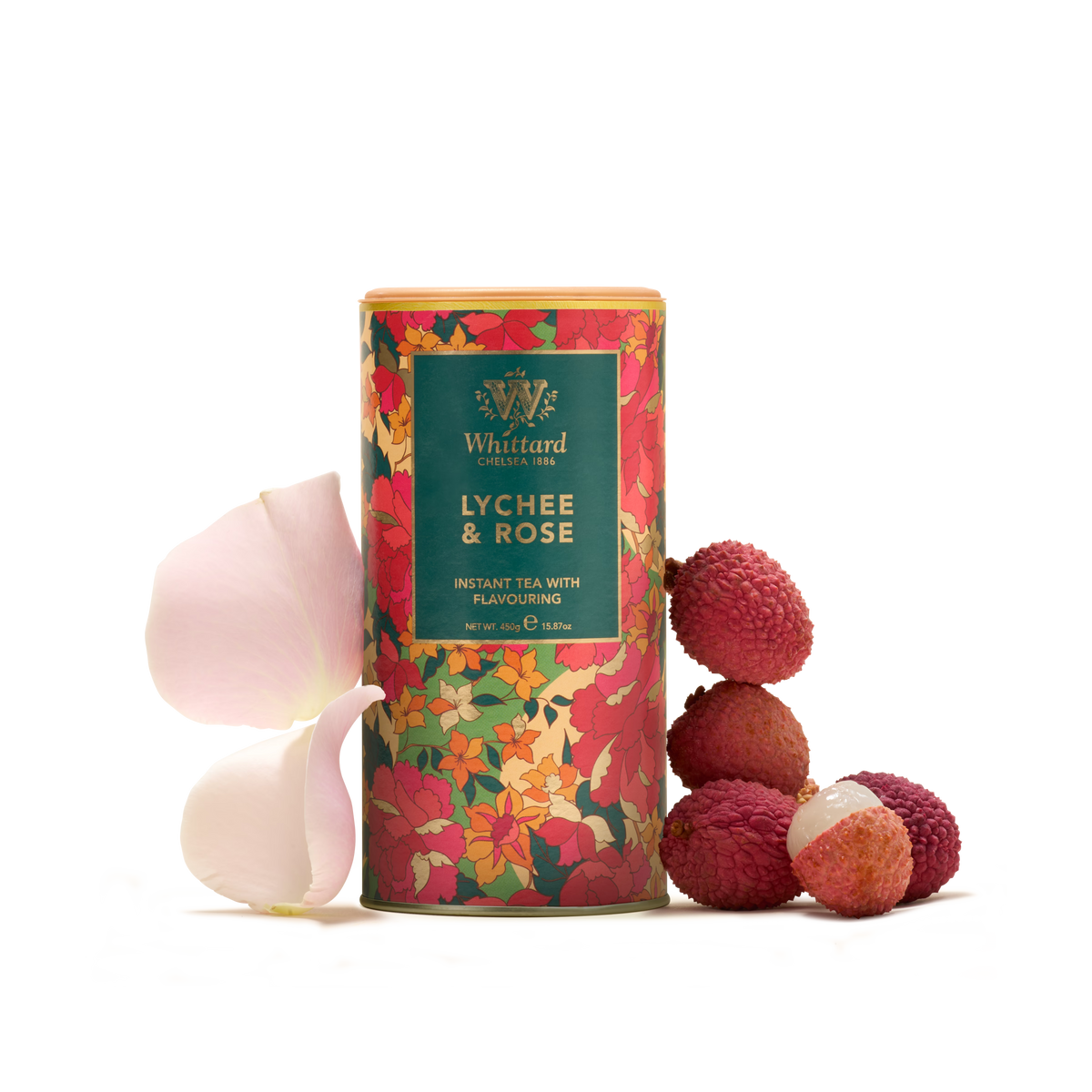 A tin of Whittard Lychee & Rose Instant Tea is displayed next to fresh lychees, delicate rose petals, and a peeled lychee on a white background—beautifully showcasing this instant tea’s fragrant blend of lychee and rose flavours.