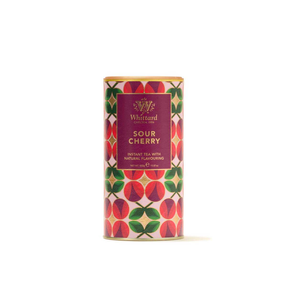 A vibrant cylindrical tin of Sour Cherry Instant Tea featuring a cherry and green leaf pattern with a purple label on the front—ideal for those who love fruity drinks such as Morello cherry instant tea.