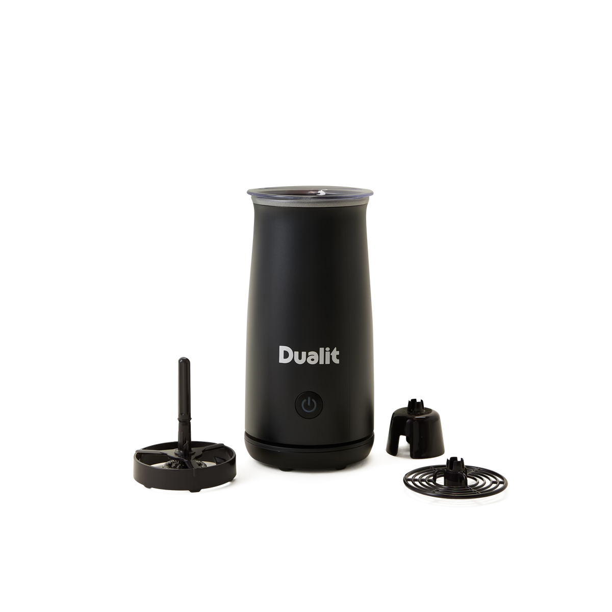 A black Dualit milk frother with detachable parts, including two whisks and a lid, displayed on a plain white background.