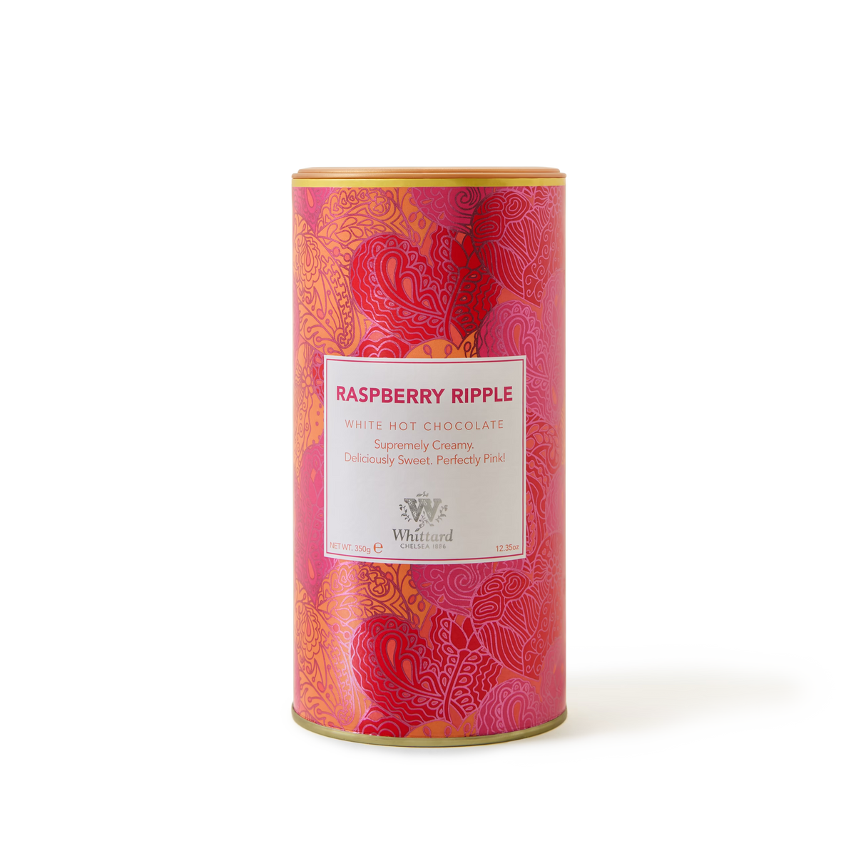 A cylindrical tin of Whittard Raspberry Ripple White Hot Chocolate with a pink and red heart-patterned design and a central white label.