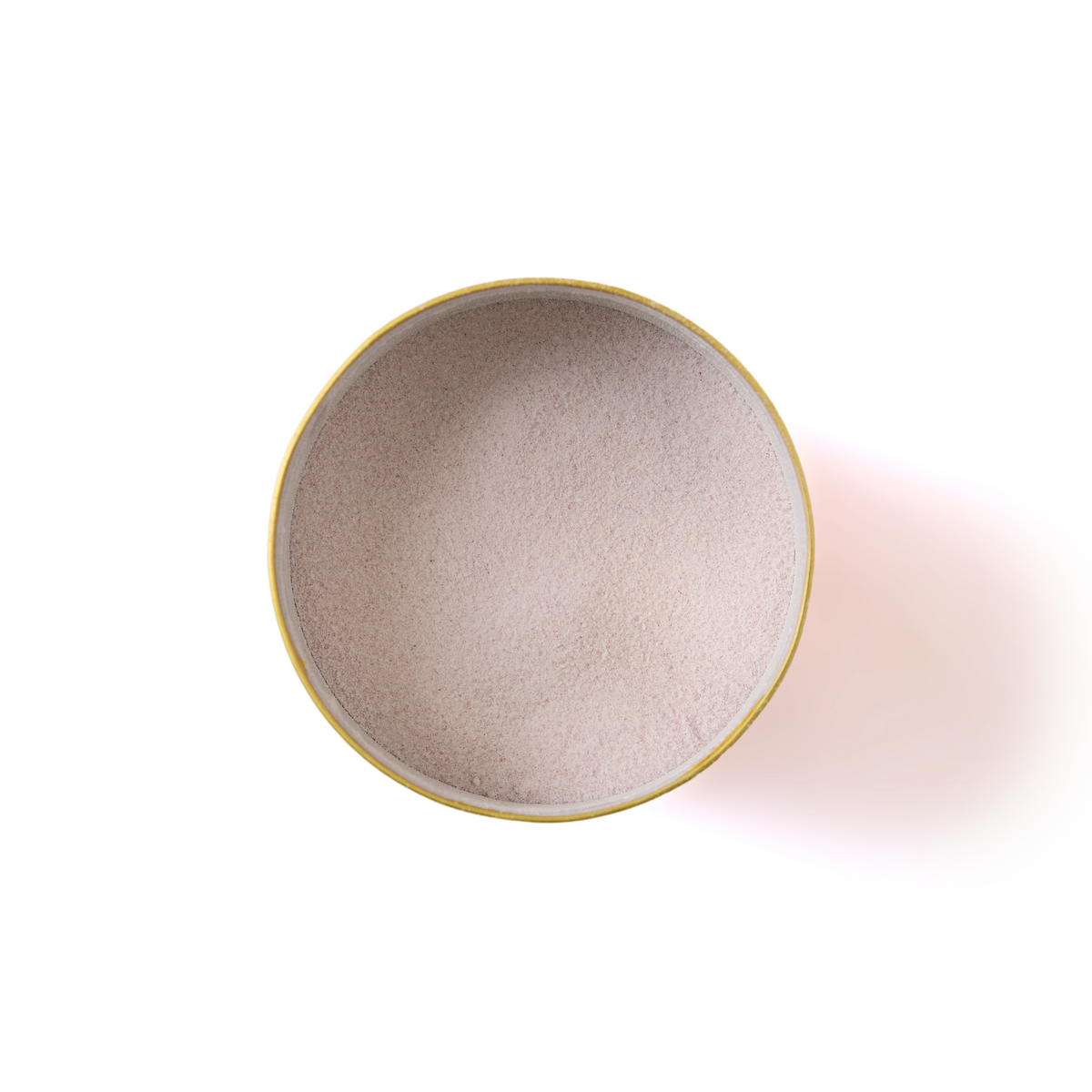 A round yellow container of Raspberry Ripple Flavour Hot Chocolate, filled with fine, light pink powder, is shown from above on a white background.